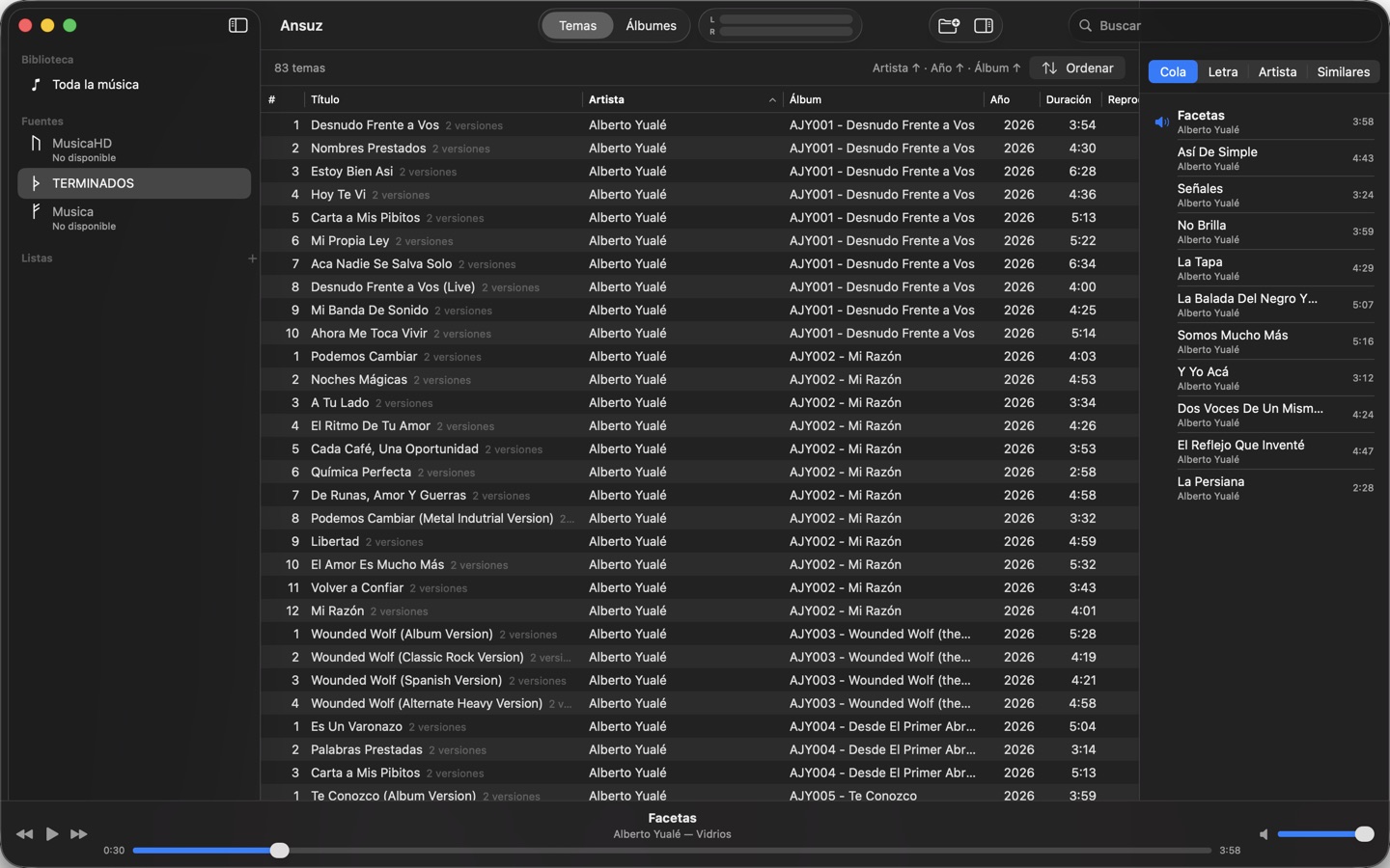 The songs table, with the “N versions” mark on tracks that exist in more than one source.